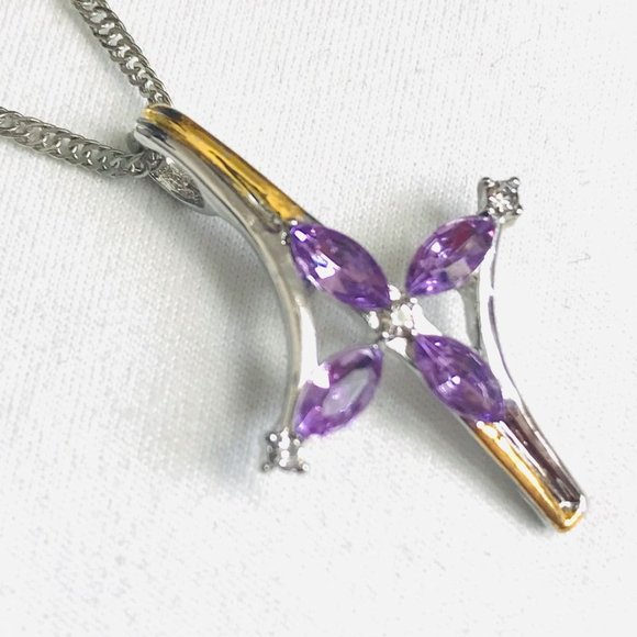 16-18" 2-Toned Cross w/Amethyst Marquise & CZ - Picture 4 of 5